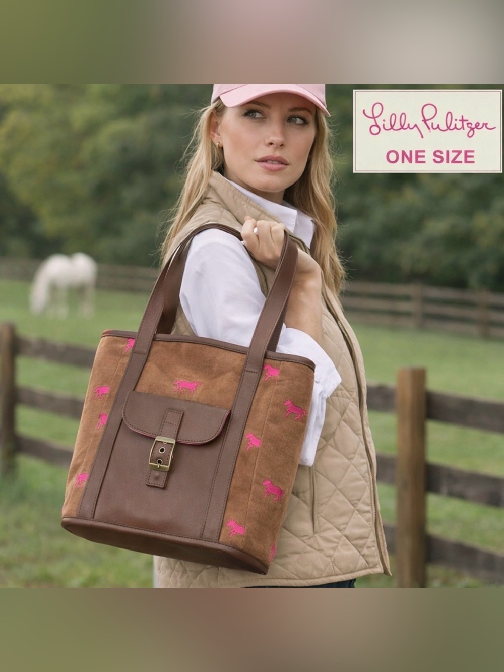 Lilly Pulitzer Brown Corduroy Horse Tote Bag Pink Embroidered Equestrian Purse